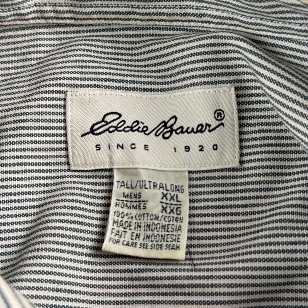 Eddie Bauer Mens XXL Tall Green White Striped Button Down Cotton Long Sleeve - Picture 3 of 5